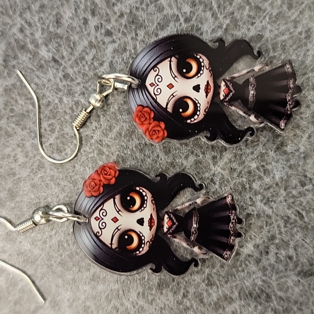 Sugar Skull Doll Earrings with Red Roses